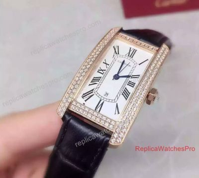 Fake Cartier Tank Women Watch Gold Diamond Bezel White Face Black Leather Band 23mm 